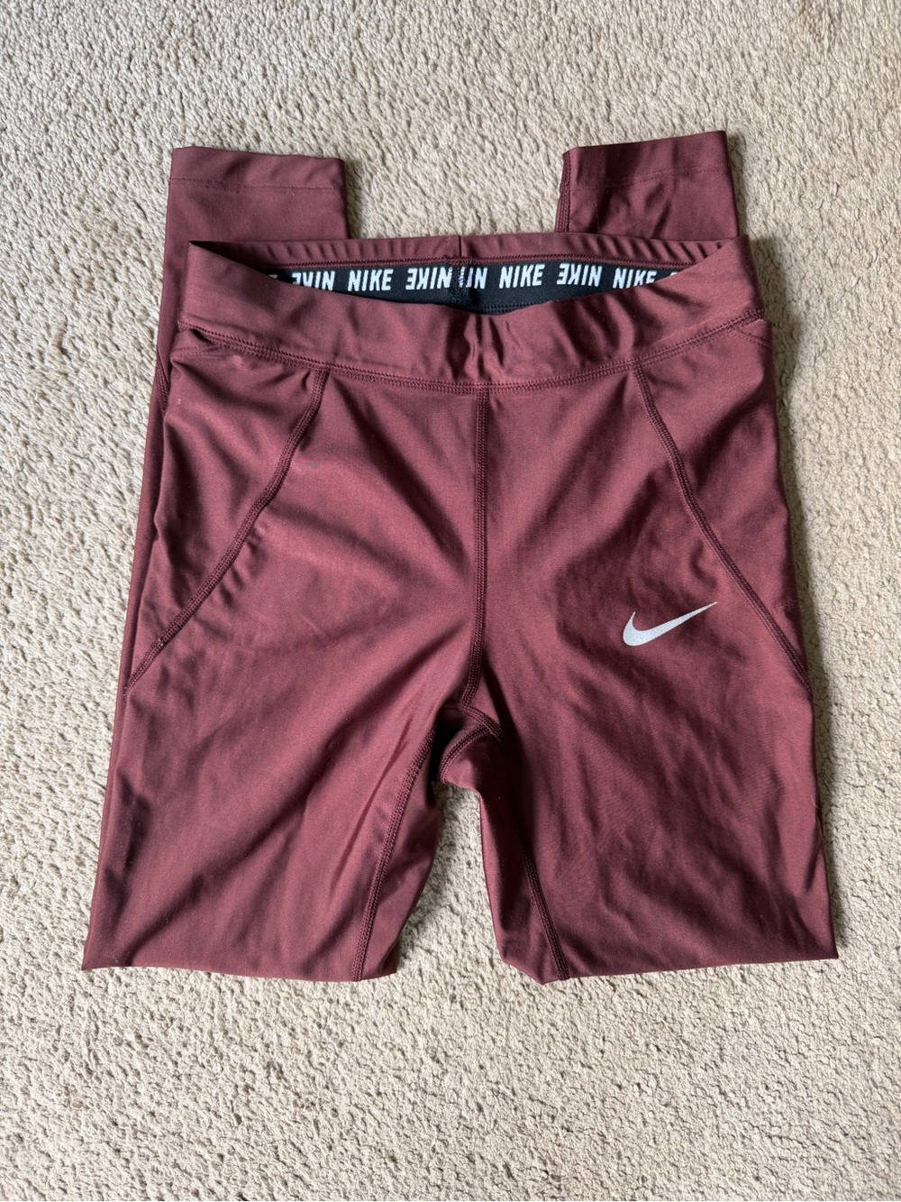 Nike Burgundy Athletic Leggings with White Swoosh